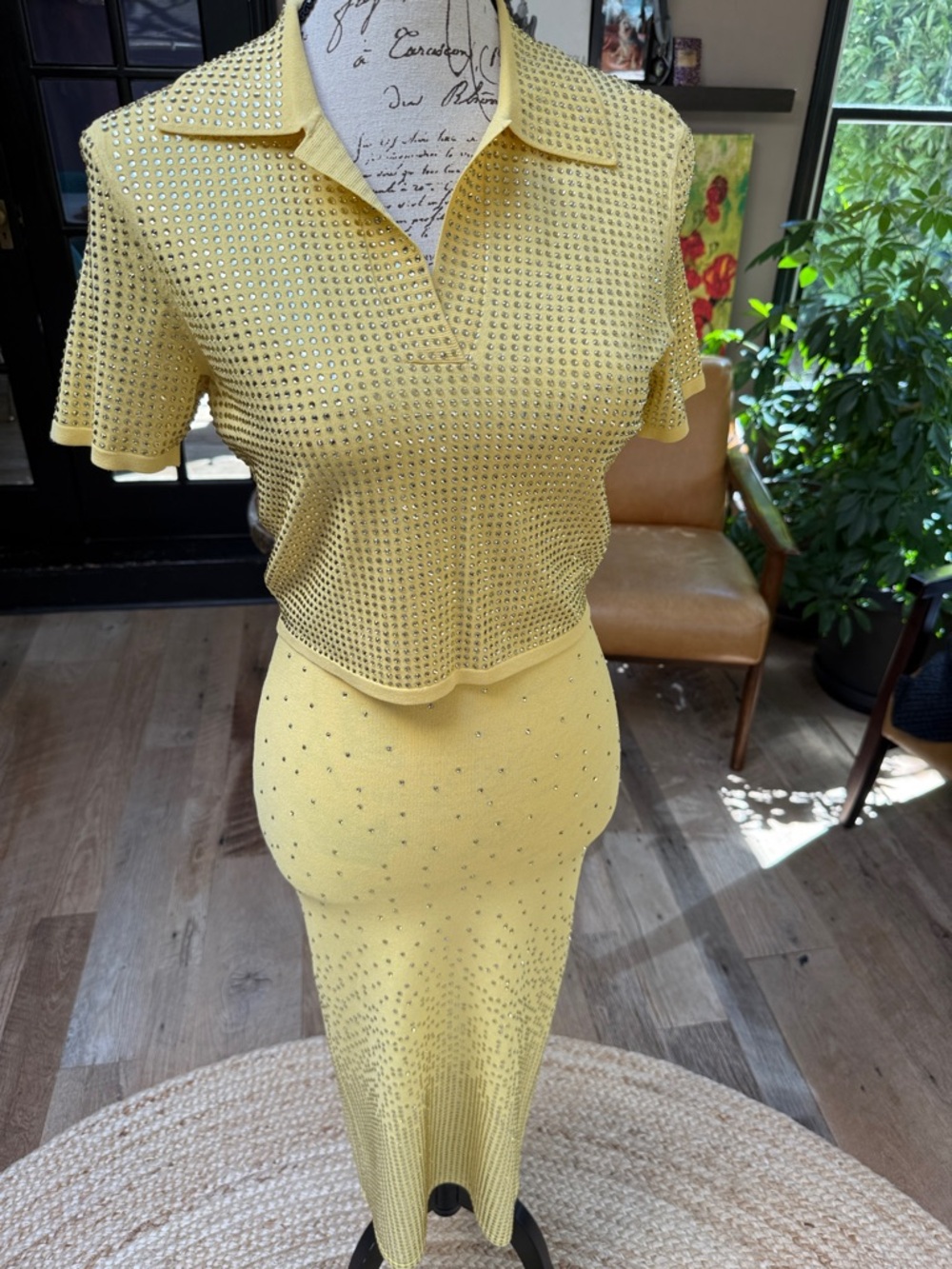 Sandro Two-Piece Knit Studded Polo and Midi Skirt Set in Light Yellow - Picture 9 of 17